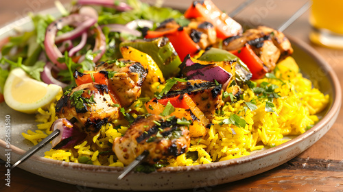 Plate of Vibrant Chicken Kabobs with Yellow Rice and Fresh Salad photo