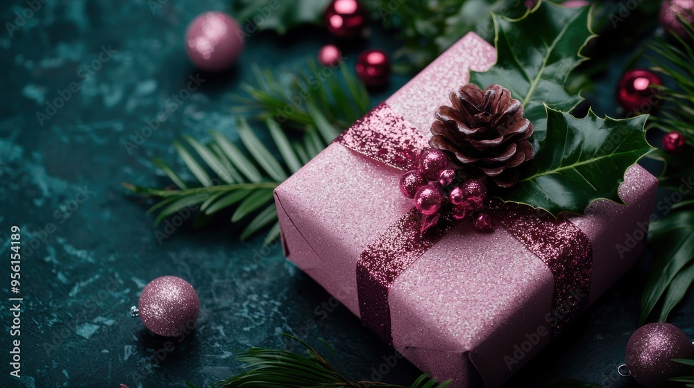 festive christmas gift box with pine branches and ornaments festive christmas gift box with pine branches and ornaments