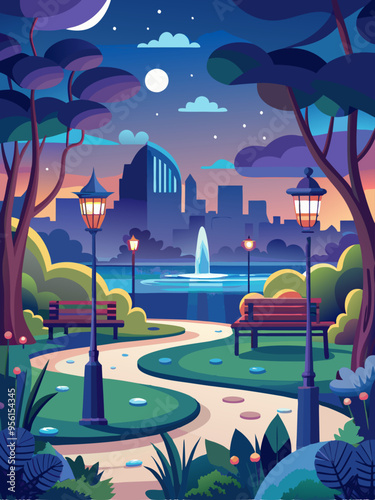 Nighttime City Park with Fountain, Benches, and Streetlights