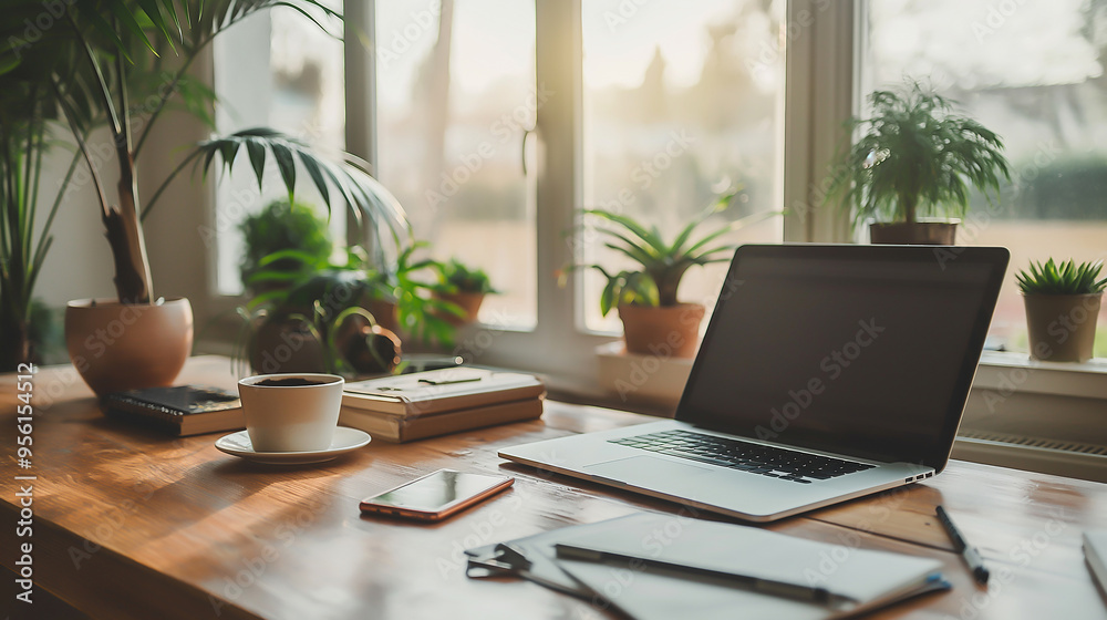 a clean and modern office interior with large windows, soft lighting a clean and modern office interior with large windows, soft lighting