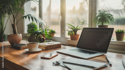 a clean and modern office interior with large windows, soft lighting