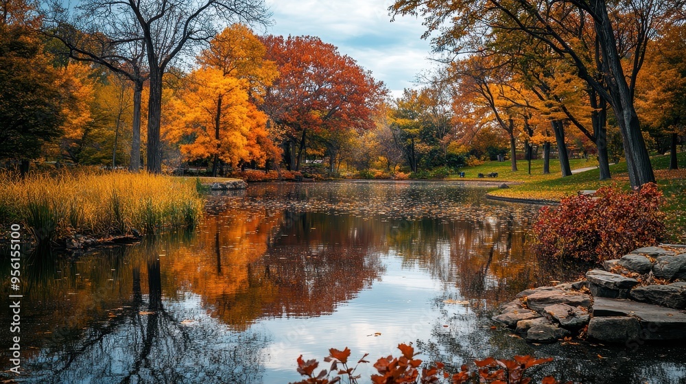 A peaceful park scene in autumn, with the rich colors of the season reflected in a still pond surrounded by trees A peaceful park scene in autumn, with the rich colors of the season reflected in a still pond surrounded by trees