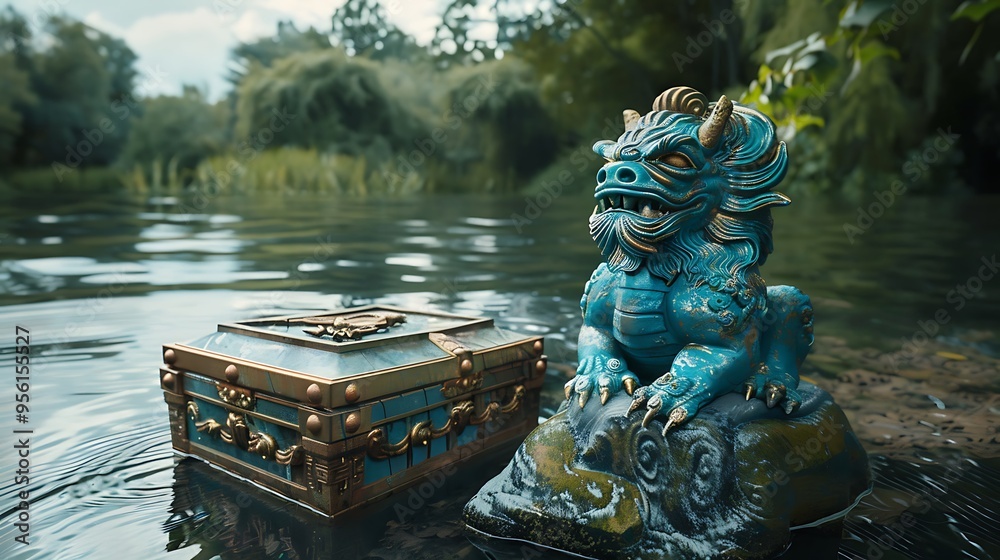 Obraz premium On a calm pond a blue monster statue lies on a treasure box