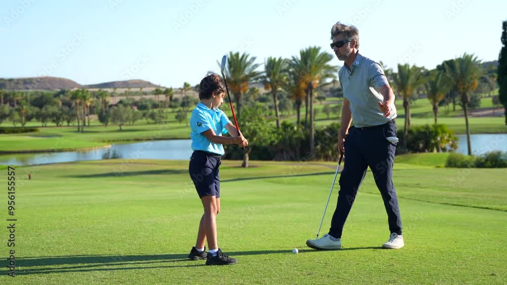 Vertical full length video of a male caucasian adult chic golf instructor correcting the posture of a boy swinging golf in a green course Vertical full length video of a male caucasian adult chic golf instructor correcting the posture of a boy swinging golf in a green course