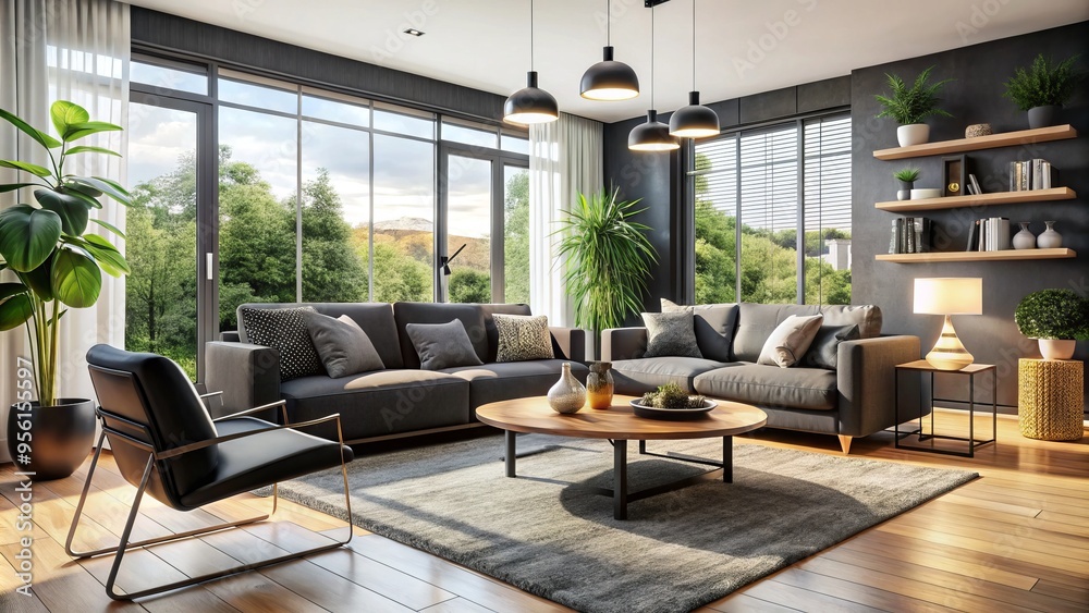 Sophisticated living room design combines black furniture with abundant natural light, layered with soft textiles and