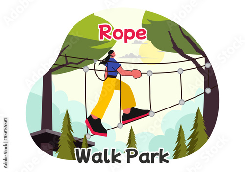 Rope Walk Park Vector Illustration of an Adventure Activity for Children Climbing Ropes at Height, Overcoming Obstacles with Safe Equipment