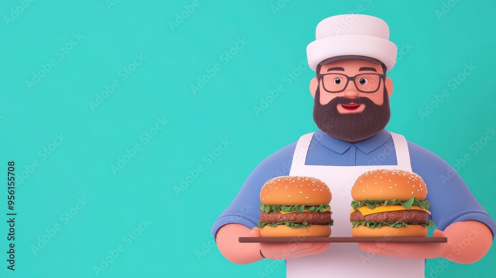 A cheerful cartoon chef holding two delicious burgers on a wooden tray, set against a vibrant teal background. A cheerful cartoon chef holding two delicious burgers on a wooden tray, set against a vibrant teal background.