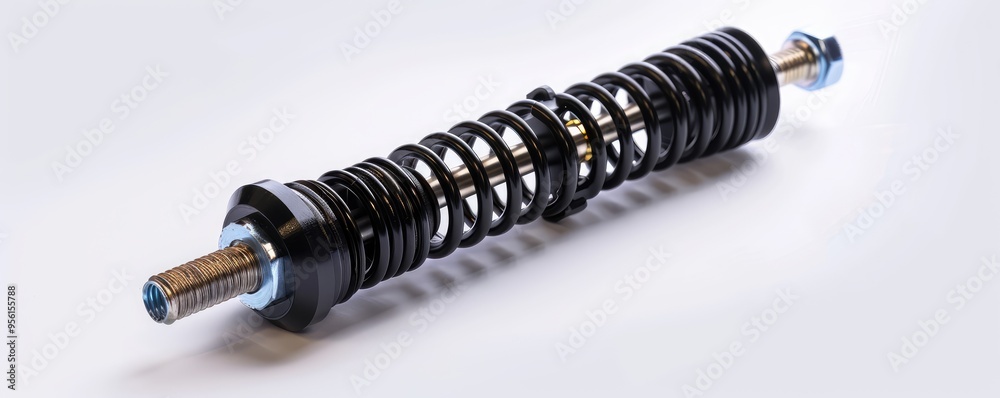 Black metallic shock absorber with white background. Black metallic shock absorber with white background.