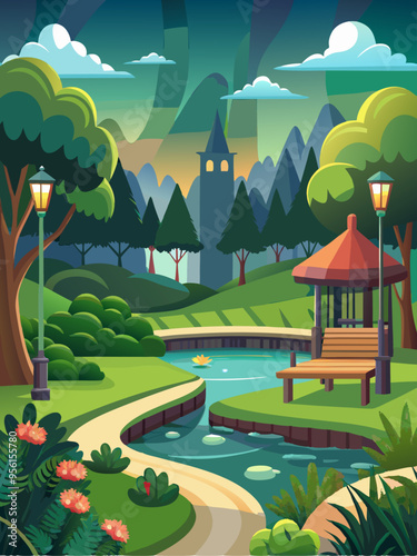 Serene Park Landscape with a Winding Stream and Gazebo