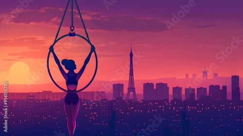 Aerialist Silhouetted Against Parisian Skyline at Sunset