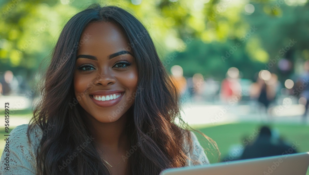 close-up of beautiful black woman is smiling and working on her laptop in the park close-up of beautiful black woman is smiling and working on her laptop in the park