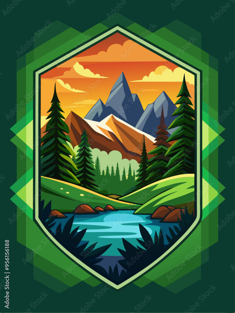 Fototapeta premium Mountainous Landscape with River and Pine Trees at Sunset