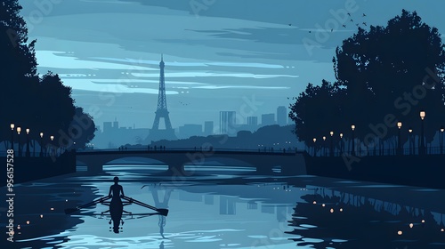 A rower on the Seine with the Eiffel Tower in the distance, captured in sleek vector design.