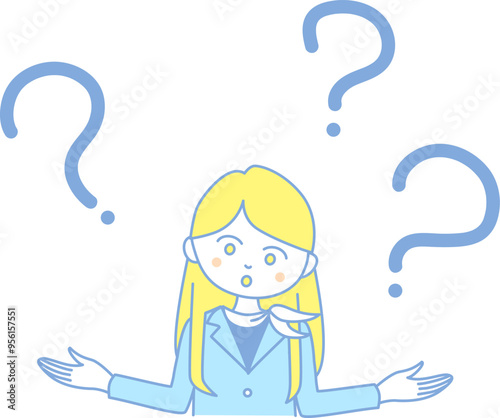イラスト素材：話が全く理解できずお手上げといった様子のビジネスウーマン