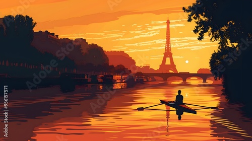 A rower on the Seine with the Eiffel Tower in the distance, captured in sleek vector design.