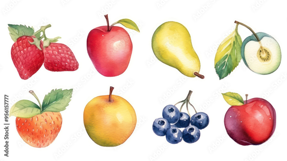 Fruit layout set isolated on white background, watercolor illustration. Apple, blueberry, lemon, orange, lime, kiwi, apricot, pear, grapes. Fruit icon clipart. Advertising, menu or package. Fruit layout set isolated on white background, watercolor illustration. Apple, blueberry, lemon, orange, lime, kiwi, apricot, pear, grapes. Fruit icon clipart. Advertising, menu or package.