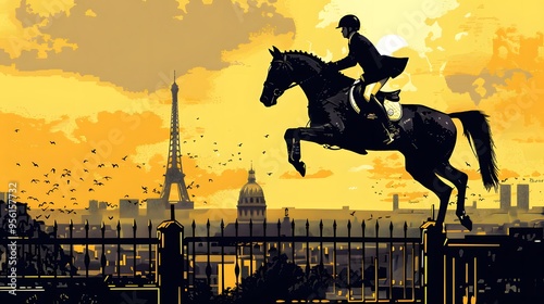 Equestrian Leaping Over Paris Skyline at Sunset