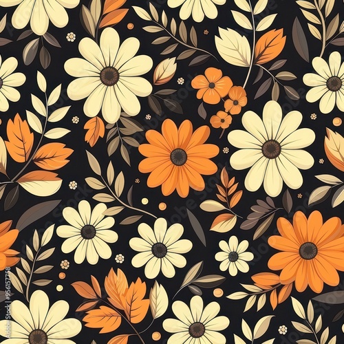 Wallpaper Mural Seamless Floral Pattern with Orange and White Flowers on a Black Background Torontodigital.ca