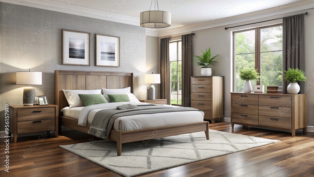 Step into serenity with our modern bedroom collection, boasting a contemporary platform bed, dresser, nightstand, and Step into serenity with our modern bedroom collection, boasting a contemporary platform bed, dresser, nightstand, and