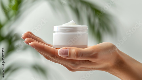 A simple, elegant composition featuring a hand holding a small, cylindrical skincare product against a clean, pastel background.