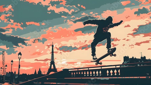 Silhouette of a Skateboarder Against Paris Sunset
