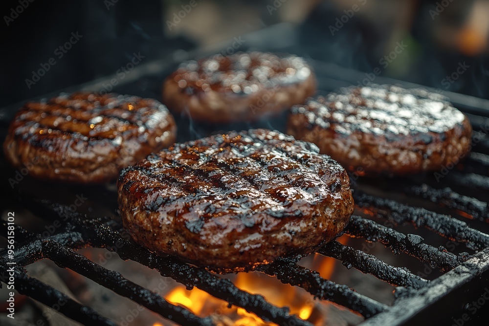Juicy Grilled Beef Patties on BBQ Grill with Flames Juicy Grilled Beef Patties on BBQ Grill with Flames