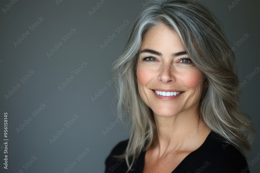 Portrait of a smiling middle aged caucasian woman isolated against grey background. Portrait of a smiling middle aged caucasian woman isolated against grey background.