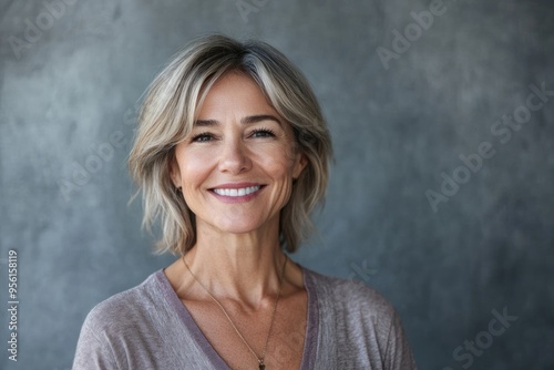 Portrait of a smiling middle aged caucasian woman isolated against grey background.