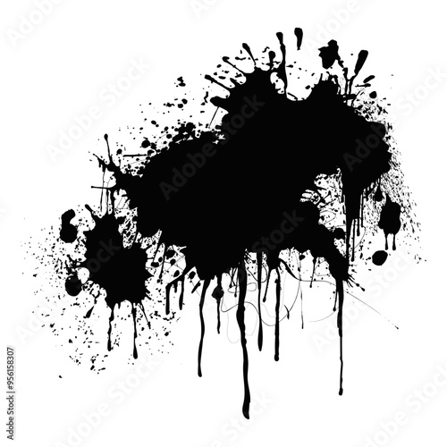 Splashes and drops of black acrylic paint drip onto a white background. Ink stains flowing down.