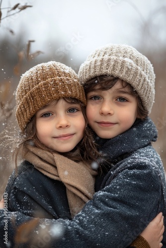 Two siblings hugging in winter nature, two brothers standing in cold winter snowing, Generative AI