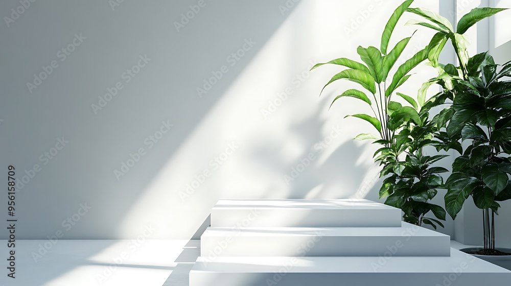 Minimalist White Platform with Green Plants Minimalist White Platform with Green Plants