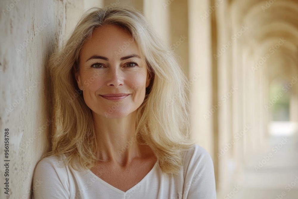 Middle aged blond woman with beautiful smile against receding wall. Middle aged blond woman with beautiful smile against receding wall.