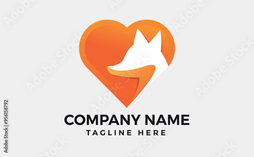 Serious Faced Fox Head Logo Design. in a heart Simple Wolf Head Logo Design, vector illustrations.