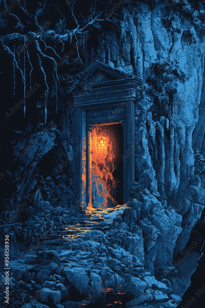 Obraz premium Ancient Stone Gateway Leading to a Luminous Path