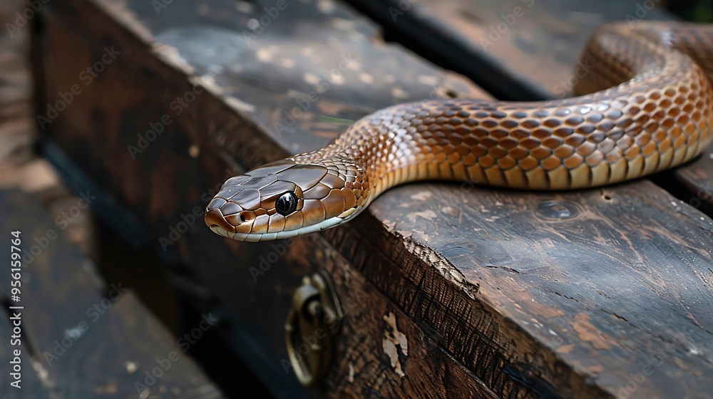 Obraz premium On a garden bench a brown snake discover lays on a valuable chest