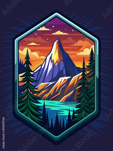 Mountain Peak with Lake and Pine Trees at Sunset