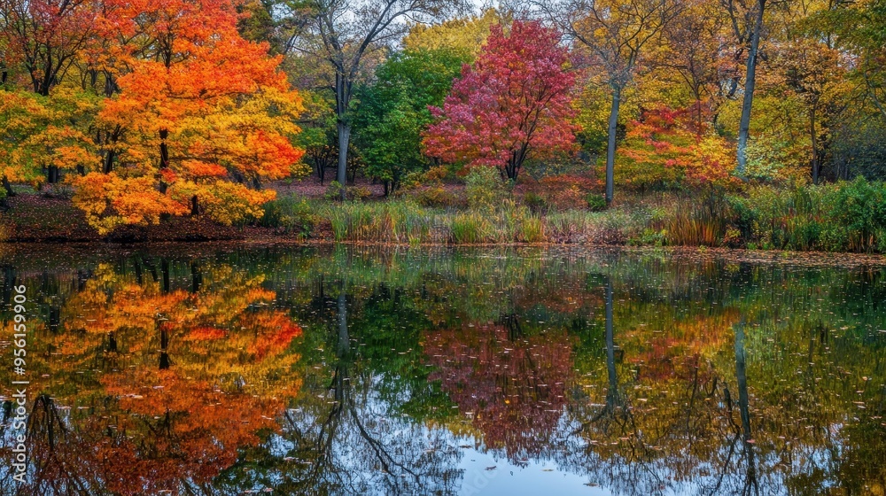 Fall colors reflected in a park pond, with the trees' vibrant leaves creating a mirror image on the still water Fall colors reflected in a park pond, with the trees' vibrant leaves creating a mirror image on the still water