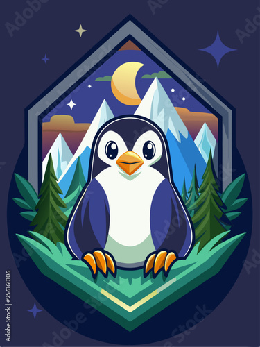 Cute Penguin Standing in Front of Mountain Range at Night