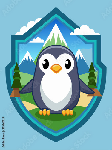 Cartoon Penguin in Mountain Landscape with a Shield Frame