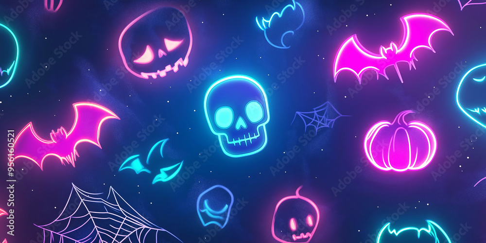 Fototapeta premium Unique Halloween background with LED-lit Halloween icons 