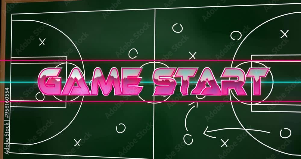 Game start text animation over chalkboard with sports strategy diagram