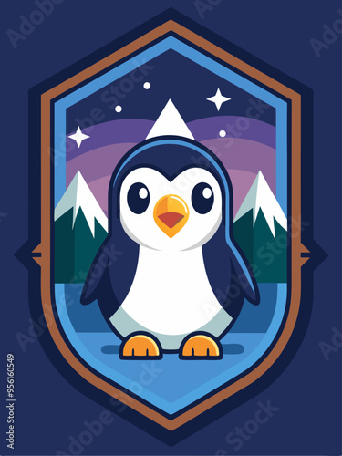 Cute Cartoon Penguin in Snowy Mountain Landscape