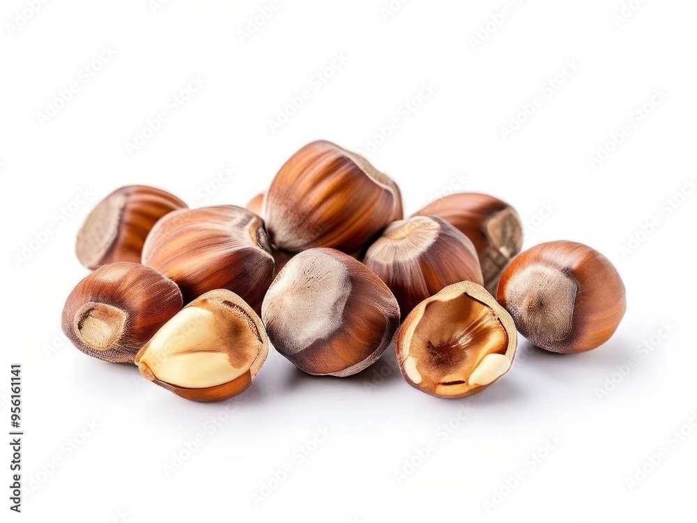 close-up of handful of hazelnuts isolated on white background. Generated by AI. close-up of handful of hazelnuts isolated on white background. Generated by AI.