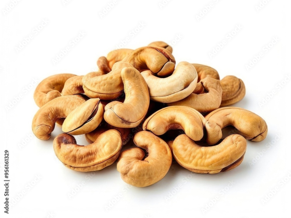 Close-up of handful of cashew nuts isolated on white background. Generated by AI. Close-up of handful of cashew nuts isolated on white background. Generated by AI.