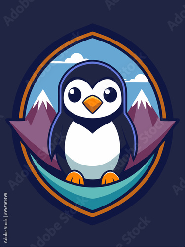 Cute Cartoon Penguin in a Mountain Landscape Emblem