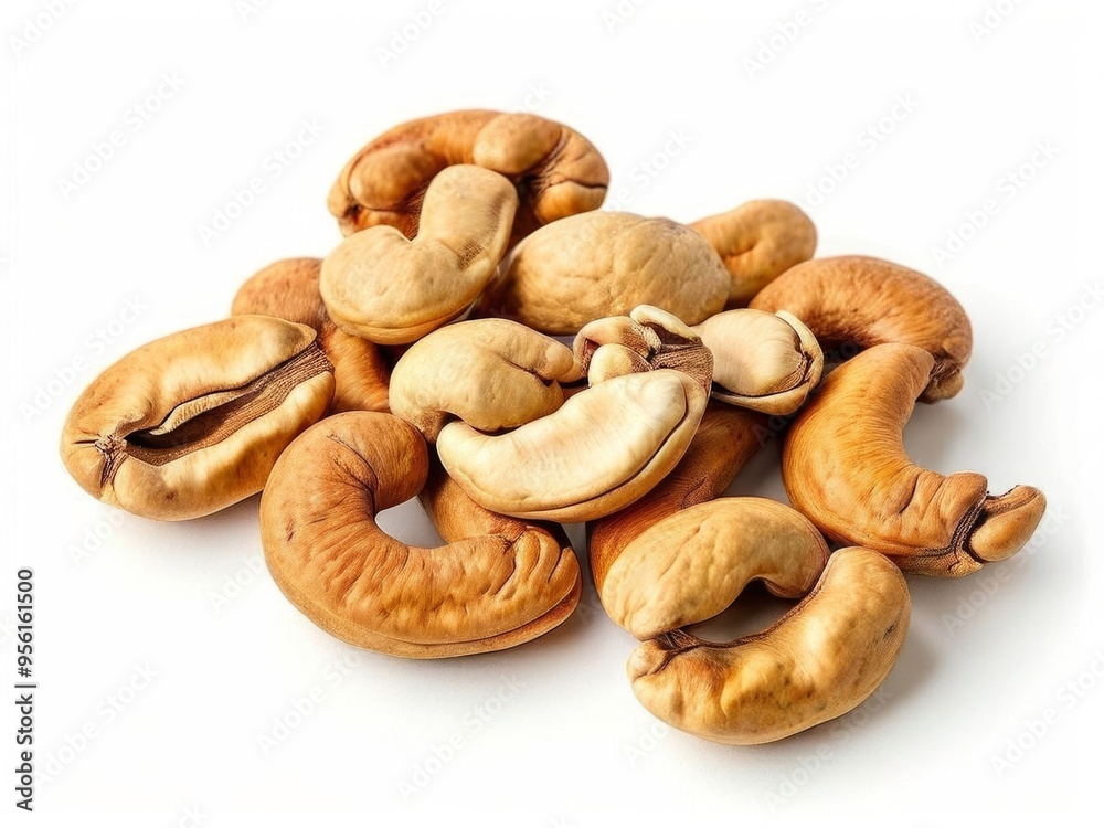 Close-up of handful of cashew nuts isolated on white background. Generated by AI. Close-up of handful of cashew nuts isolated on white background. Generated by AI.