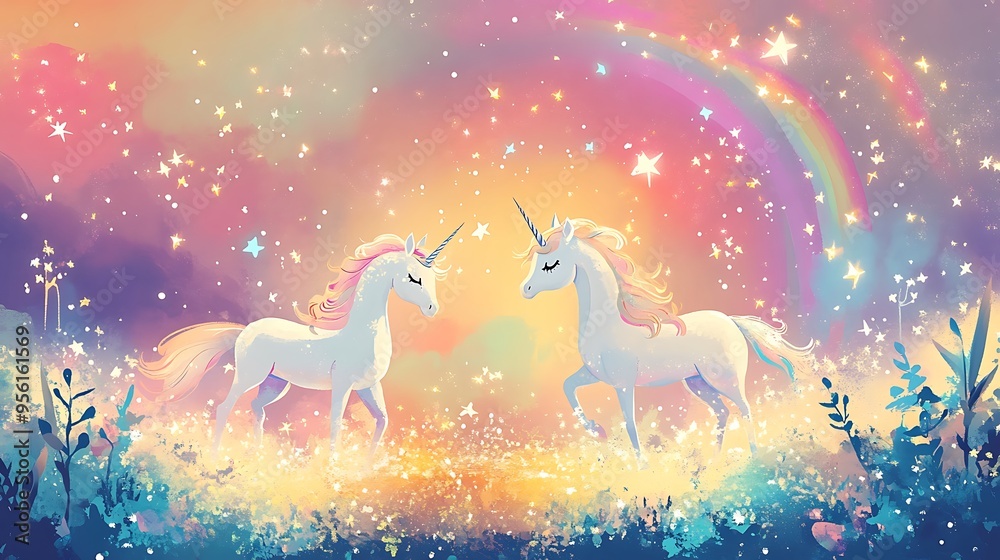 Magical Unicorns Under a Rainbow and Stars Magical Unicorns Under a Rainbow and Stars