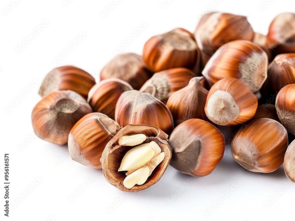 close-up of handful of hazelnuts isolated on white background. Generated by AI. close-up of handful of hazelnuts isolated on white background. Generated by AI.