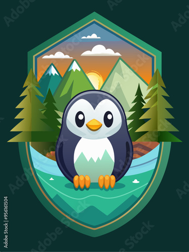 Cute Penguin in a Mountainous Landscape with a Sunset