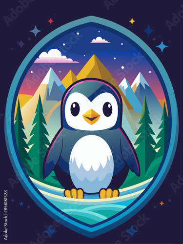 Cute Penguin Standing in Front of a Mountainous Landscape at Night